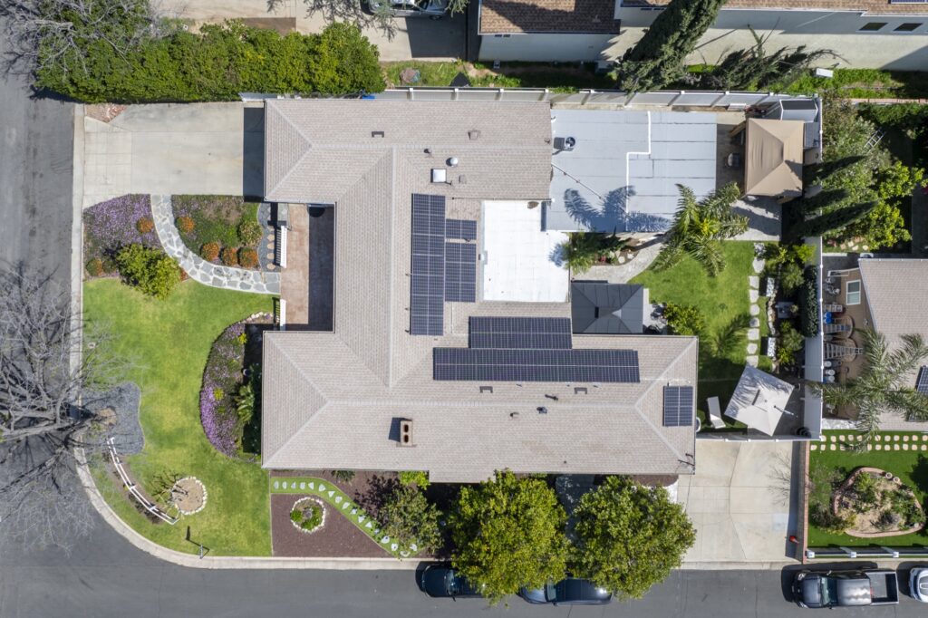 Top-down aerial of Believe Detox Center Granada Hills — solar panels and garden