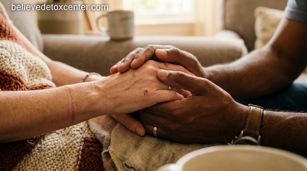 Two hands holding each other in support representing family intervention and addiction recovery